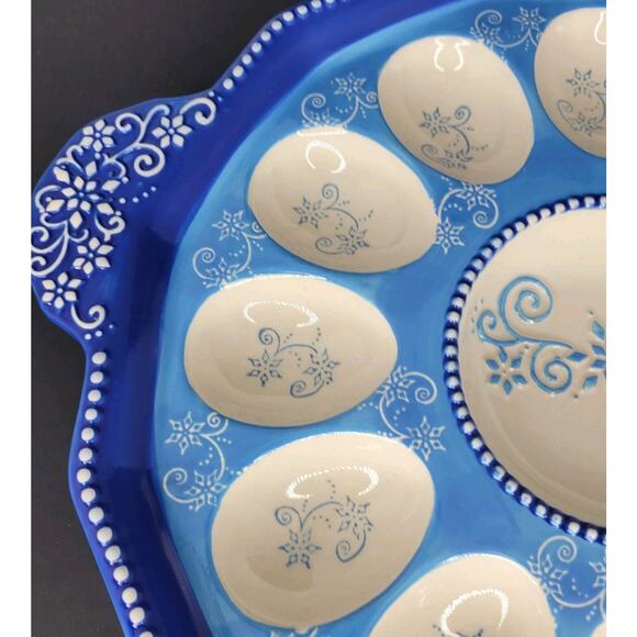 Deviled Egg Plate Tray Temptations by Tara Floral 11.5” Light and Dark Blue EUC - Picture 5 of 7